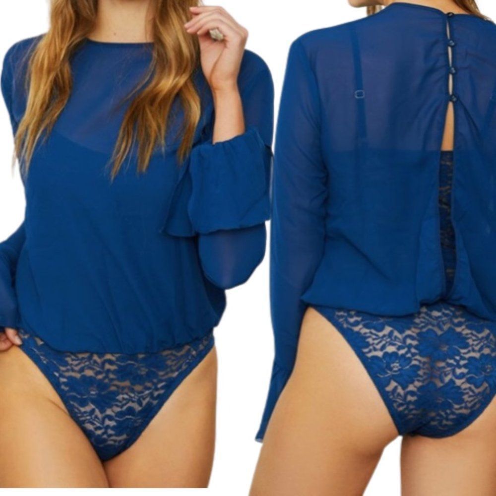 We are HAH -501 Hot As Hell Jen Bodysuit in Denim Navy Long Sleeve Lace XS